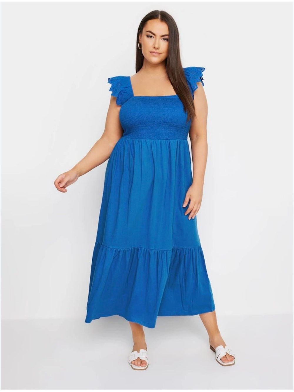 London Times Cobalt Blue Smocked Square-Neck Maxi Dress